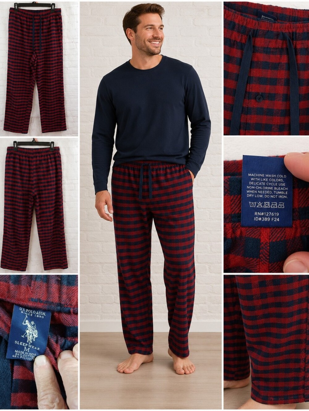 u.s. polo assn. sleepwear pajama pants men’s medium red navy plaid
